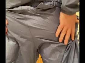 Blue adidas nylon tracksuit rub and cum
